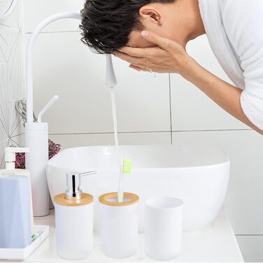 Набір аксесуарів для ванної кімнати з бамбука (4 шт): стакан для зубної пасти, тримач для зубних щіток, стакан для ополіскувача, дозатор для лосьйону, мильниця (білий)