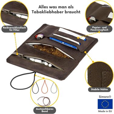 Leather Tobacco Pouch for 30g Tobacco Bags, Genuine Leather Rolling Pouch including Filter Compartment and Rolling Papers Holder (Dark Brown)