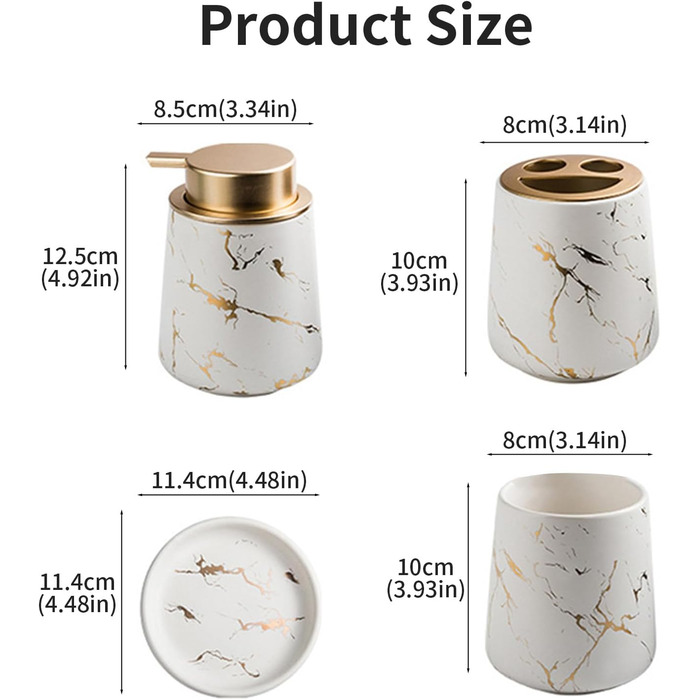 Набір аксесуарів для ванної кімнати – 4 шт. з ефектом темного зеленого мармуру: дозатор мила, тримач для зубних щіток, попільничка, мильниця (білий)