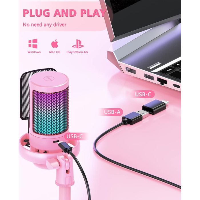 Мікрофон для ПК NJSJ Gaming з тримачем, USB мікрофон для Mac, PS4, PS5 (рожевий) з кнопкою вимкнення звуку, навушниками, поп-фільтром, кардіоїдний конденсаторний мікрофон для подкастів та стрімінгу