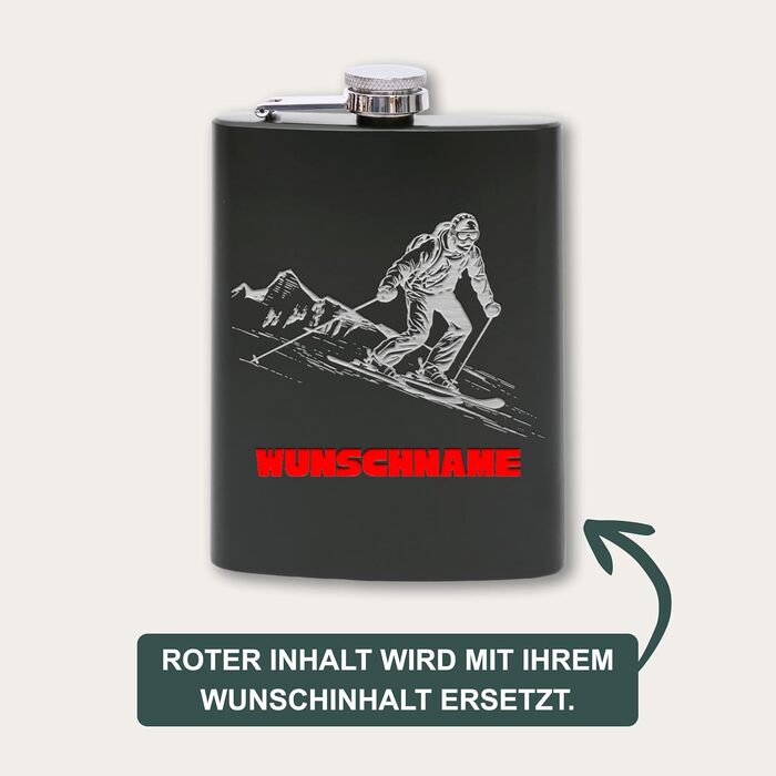Фляга з нержавіючої сталі Flanacom з гравіюванням, 227мл / 8oz, для скі-гонщиків, персоналізована гравіюванням (дизайн 4, чорний)
