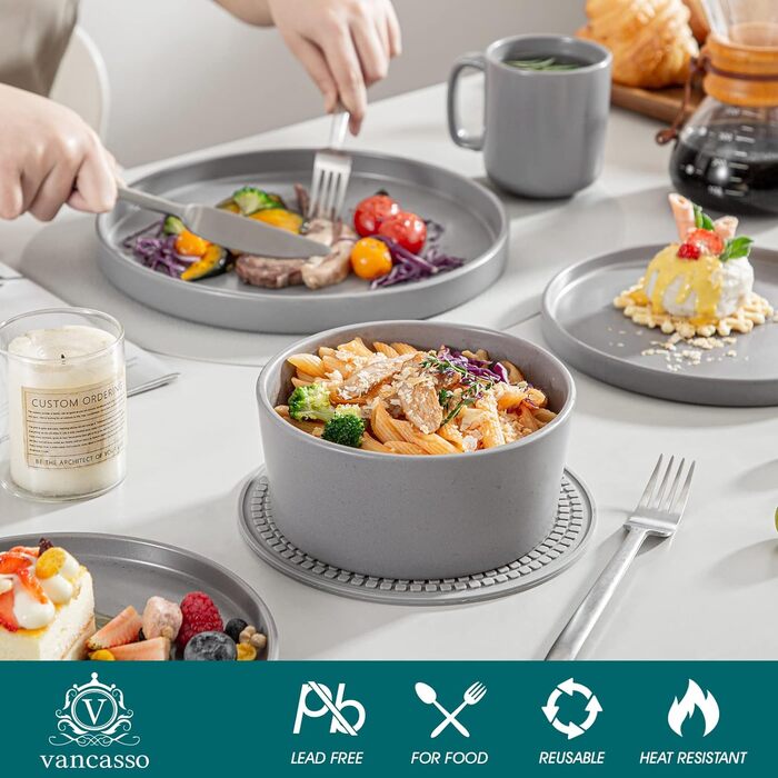 Набір посуду Vancasso SESAM Serie Steingut (16 предметів) для 4-12 осіб – тарілки, миски, чашки, скандинавський дизайн, темно-сірий, біло-сірий, блакитний, зелений