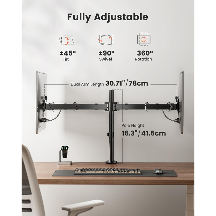 Кріплення для монітора ErGear на 2 монітори (13-32 дюйми), регульоване, поворотне, нахилене, поворотне, VESA 75/100, чорний