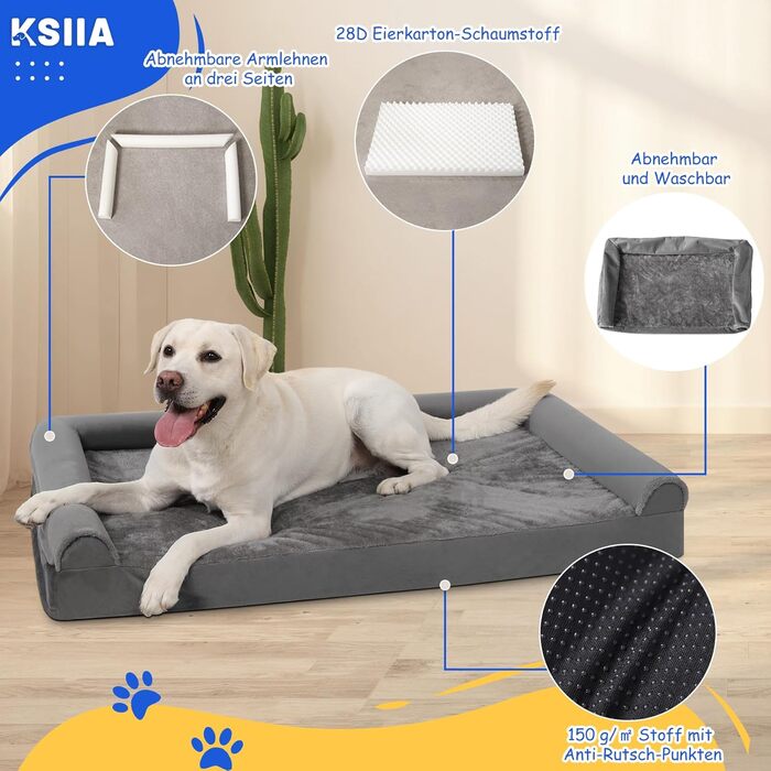KSIIA Orthopedic Dog Bed for Large Dogs, 105x70x18cm, Removable and Washable Cover, XL Dog Couch with THREE Raised Edges, Non-Slip Bottom, Egg Crate Foam Dog Basket, (L 91 x W 68 x H 16 cm, Light Grey)