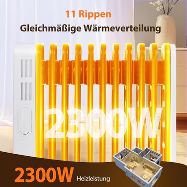 Електричний масляний радіатор Aigostar Cozy 2300W з пультом керування, 11 ребер, термостат, 3 режими, таймер 24г, LED-дисплей, захист від перекидання та перегріву