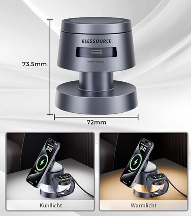 База для зарядки 4-в-1 для iPhone 17/16/15/14 Pro Max, бездротовий зарядний стан з нічним світлом, сумісний з Apple Watch та AirPods (сірий, 20W)