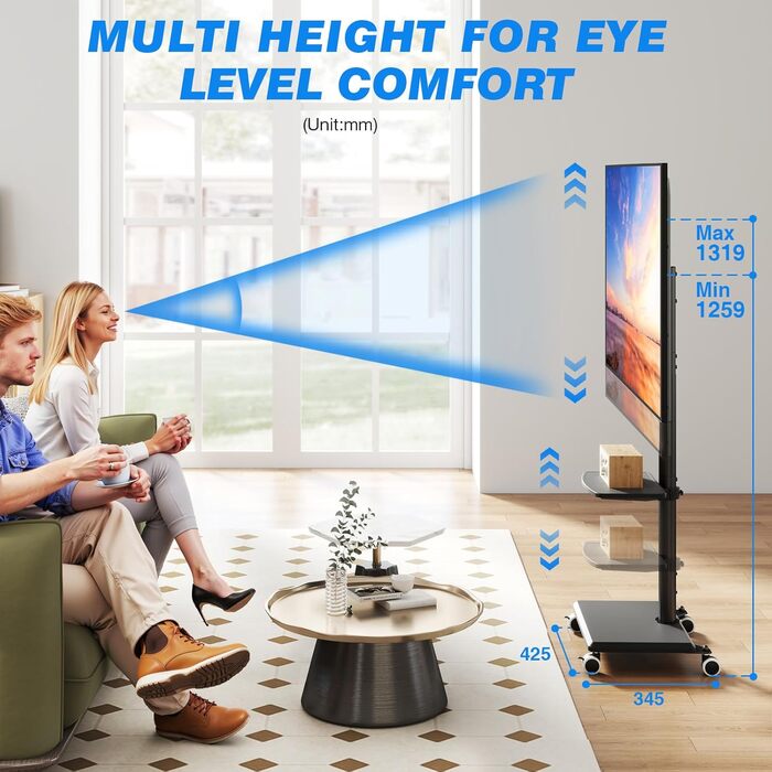 Мобільна тумба під телевізор з поличкою для ТВ 27-60 дюймів, чорна. Поворотна, регульована по висоті, до 40 кг, VESA 400x400