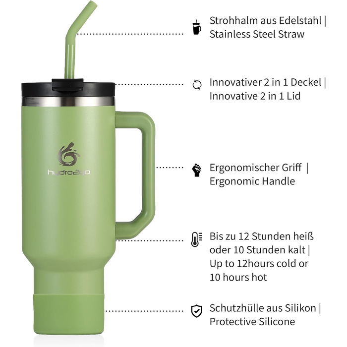 Термокружка Hydro2Go з трубочкою – BPA-free, придатна для миття в посудомийній машині, 10 год гаряче/12 год холодне, для приготування напоїв на винос (Green Tea, 1200 мл)