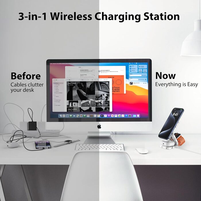 Зарядна станція KU XIU X55 Turbo Qi2.2 25W Magsafe 3-в-1 для Apple Watch, iPhone 17-12 та AirPods (білий мармур) з адаптером 45W