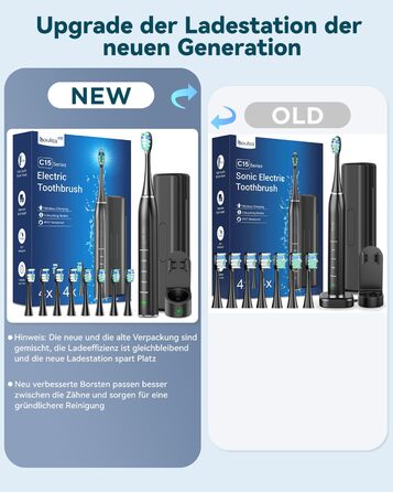 Електрична звукова зубна щітка для дорослих - відбілювання, ультразвукова, з кейсом для подорожей та зарядною станцією, 8 насадок, 5 режимів чищення (Чорна)