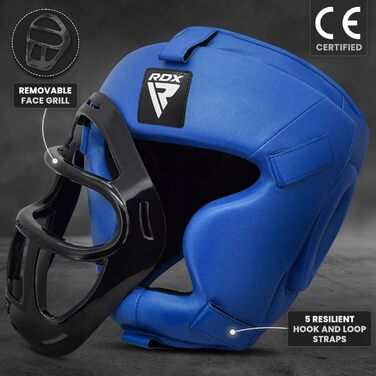 RDX Leather Head Guard - Boxing, Kickboxing, Muay Thai, Taekwondo Headgear - Face & Nose Protection - Training Sparring Head Guard (Blue, Small)