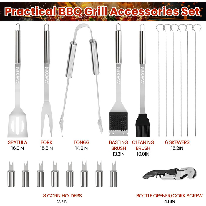 Набір гриля AWOOM 20 предметів: шампури, щипці, лопатка, щітка | З гриль-кофром | Для барбекю, кемпінгу та вечірок