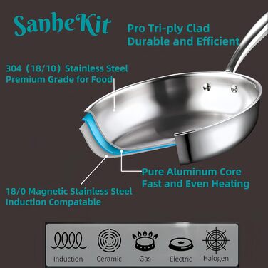 Набір сковорідок SanheKit з нержавіючої сталі, 3 шт. (8, 10, 12 дюймів), професійний, індукційний, для плити та духовки