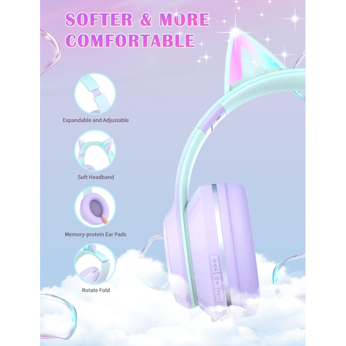 Бездротові навушники Bluetooth для дітей з LED-підсвіткою, котячими вушками та мікрофоном, HD Stereo, складна конструкція, регульоване наголов'я, для дівчаток, фіолетовий колір