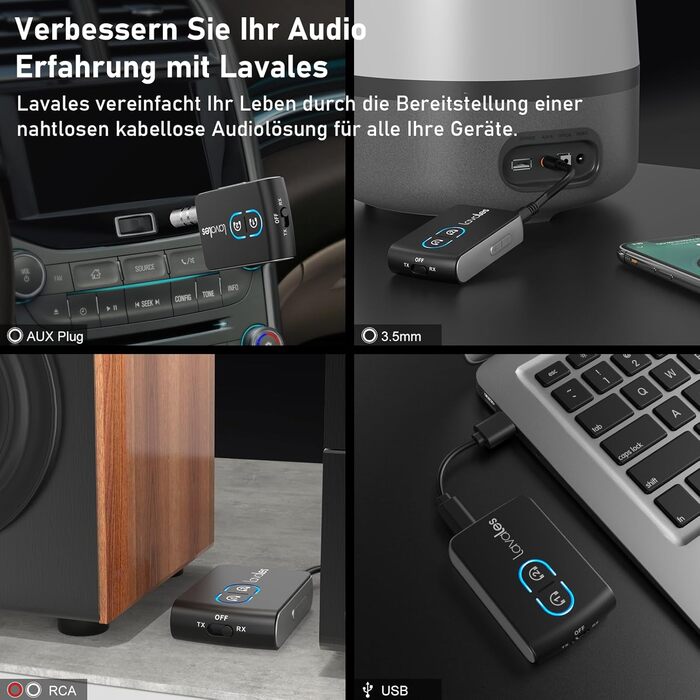 Передавач Bluetooth Lavales ML302Pro: 2-в-1 адаптер для 2 навушників, AptX-LL, 3.5mm jack, для TV, літака, гучномовця, спортзалу, регулювання гучності