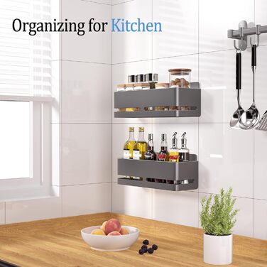 Настінна полиця для ванної кімнати (5 шт. в наборі) з мильницею та тримачем для зубних щіток, без свердління, для ванної та кухні (сірий) (сірий - 2 яруси)