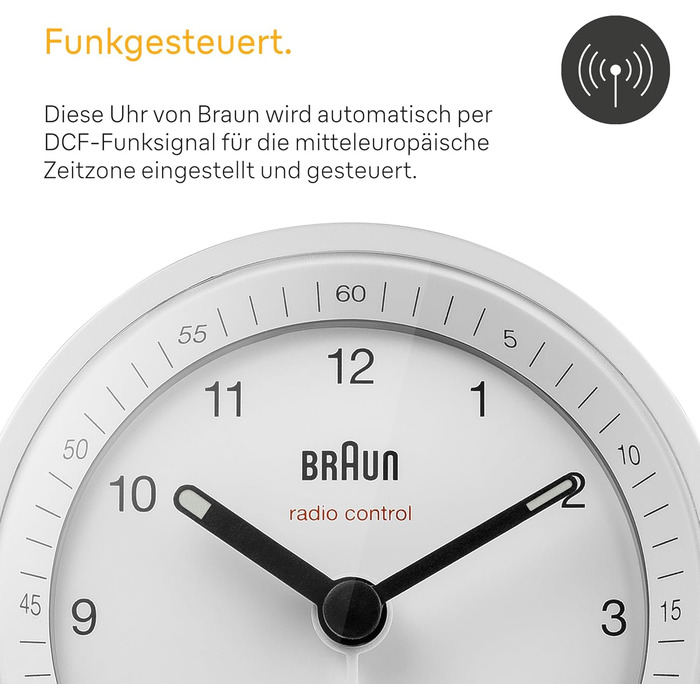 Classic Braun analog radio alarm clock for Central European Time (CET/GMT+1) with snooze function and illumination, quiet movement, crescendo alarm in white, model BC07W-DCF