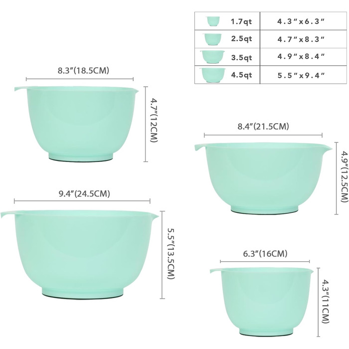 Набір міксерських мисок BoxedHome (4 шт.) Зелений: пластикові, з неслизьким покриттям, для салату та приготування їжі