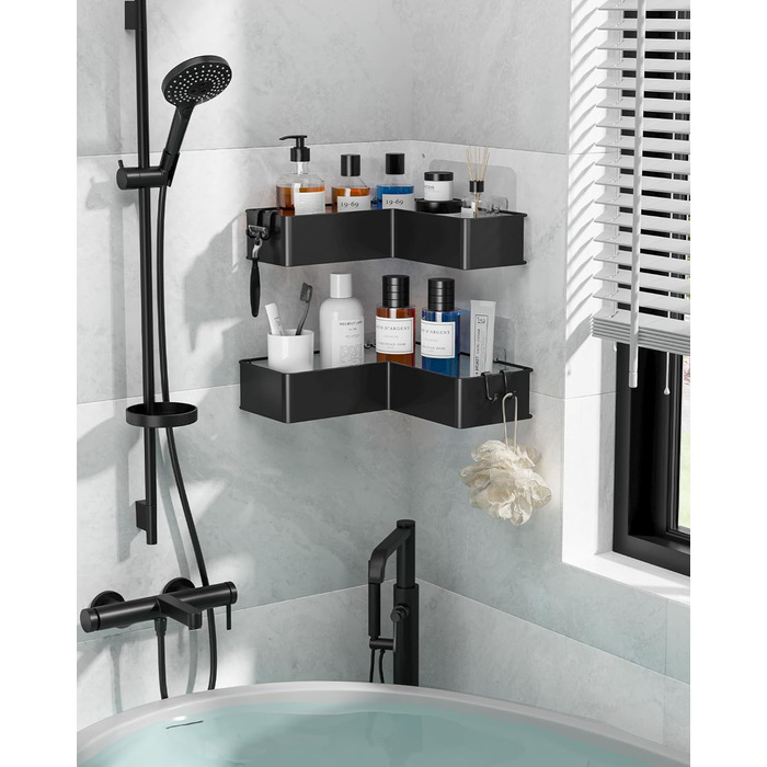 Поличка для душу Kitsure L-подібної форми без свердління - 2 шт. Міцна поличка для кута без свердління з 4 гачками та клейкими смугами, нержавіюча сталь для ванної, кухні та пральні, 24,4 x 11,9 x 6,2 см, Чорний