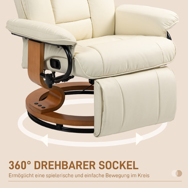 HOMCOM Reclining Swivel Armchair, TV Chair with Reclining Function and Footrest up to 150 kg, Faux Leather in Cream White for Living Room