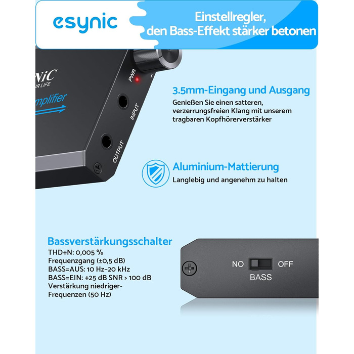 eSynic Підсилювач для навушників HiFi – портативний, 3.5mm AUX, 1000mAh, для MP3/MP4/Smartphone/PC, підходить для навушників 16-600 Ом, алюмінієвий корпус