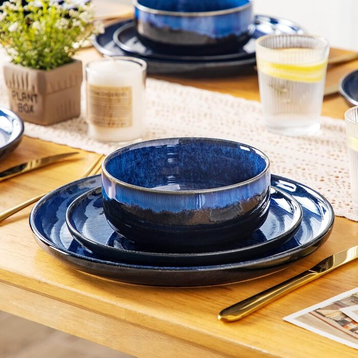 Vancasso Starry Blue 24-Piece Stoneware Dinnerware Set for 6 - Complete Tableware Set with Plates, Bowls & Serving Dishes