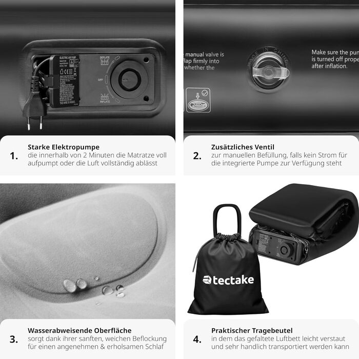 Надувна матрац Tectake® з електропомпою, 200x101x44 см: для кемпінгу, гостей, подорожей