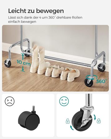 SONGMICS Clothes Rack with Wheels, Garment Rack, Heavy-Duty, Extendable Clothes Rod, Holds up to 130 kg, 45 x (110-150) x 162.9 cm, Metal, Chrome, Silver HSR11S