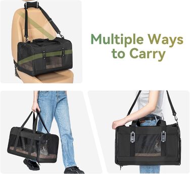 Транспортна переноска для кота та маленького собаки Petsfit, чорна, середнього розміру, з м'яким килимком та патентованими застібками