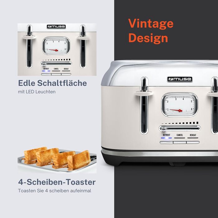 Тостер Muse MS-131 BC Beige: 4-х місний, з регулюванням ступеня підсмажування, ретро-дизайн, з підсвічуванням та крихкозбирачем