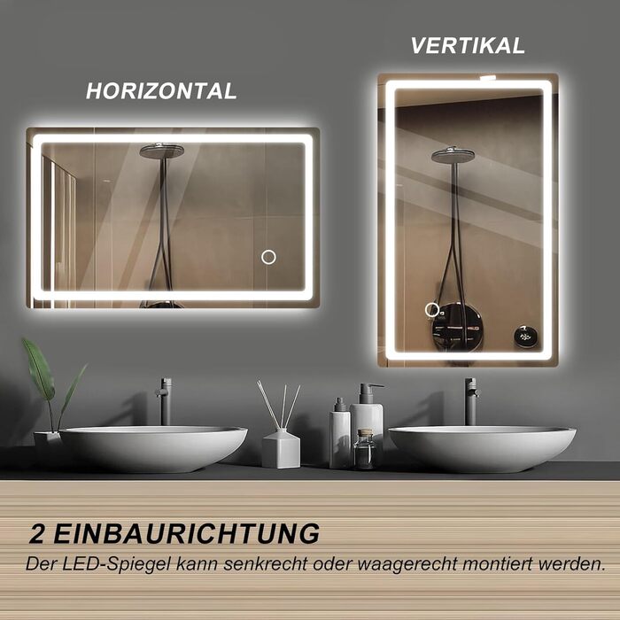 Дзеркало для ванної кімнати з підсвічуванням 40x60 см LED, з вимикачем, холодне біле світло 6000K