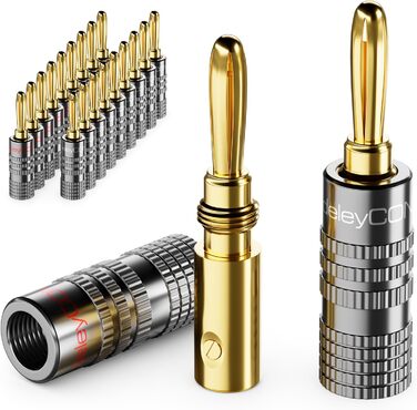 Набір бананових конекторів DeleyCON 8 шт. позолочені, для акустичних/динамічних кабелів, 0.75-4.5 мм, Hi-Fi аудіо, домашній кінотеатр, сірий