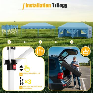 Devoko Gazebo, 2x2 Meter Waterproof, Stable, Winter-Proof Gazebo with 3 Height Adjustments, Foldable Gazebo with UV Protection 50+, Folding Tent, Gazebo with Carrying Bag, For Garden, Outdoor, Camping (3x6m, 6 Side Walls, Blue)