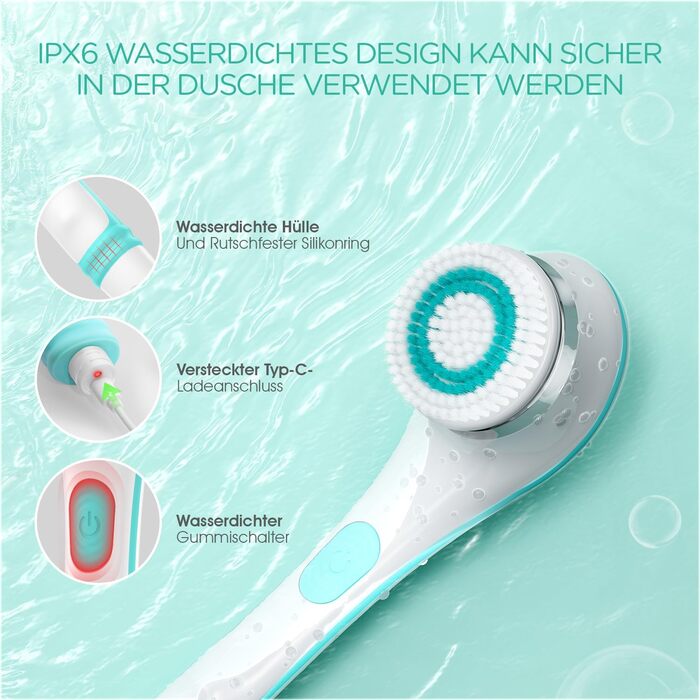 VOYOR Back Brush Shower Brush Body Brush Electric Back Scrubber with Long Handle Waterproof Rechargeable with 4 Cleaning Heads for Spa Shower Exfoliating Massage Brush BC100 (Blue)