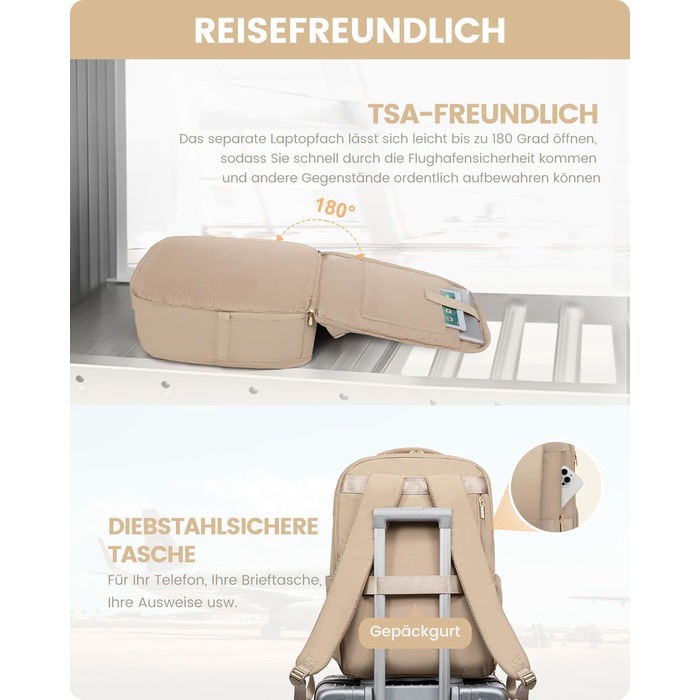 Рюкзак LOVEVOOK для жінок, 40L, ручна поклажа, для подорожей, з відділенням для взуття та ноутбука 17 дюймів, водонепроникний, для бізнес-поїздок та відпочинку, бежевий