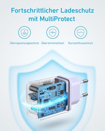 Зарядний пристрій Anker 20W USB-C, адаптер живлення для iPad, швидка зарядка, сумісний з iPhone 17/16/15 (з кабелем USB-C 150см), фіолетовий