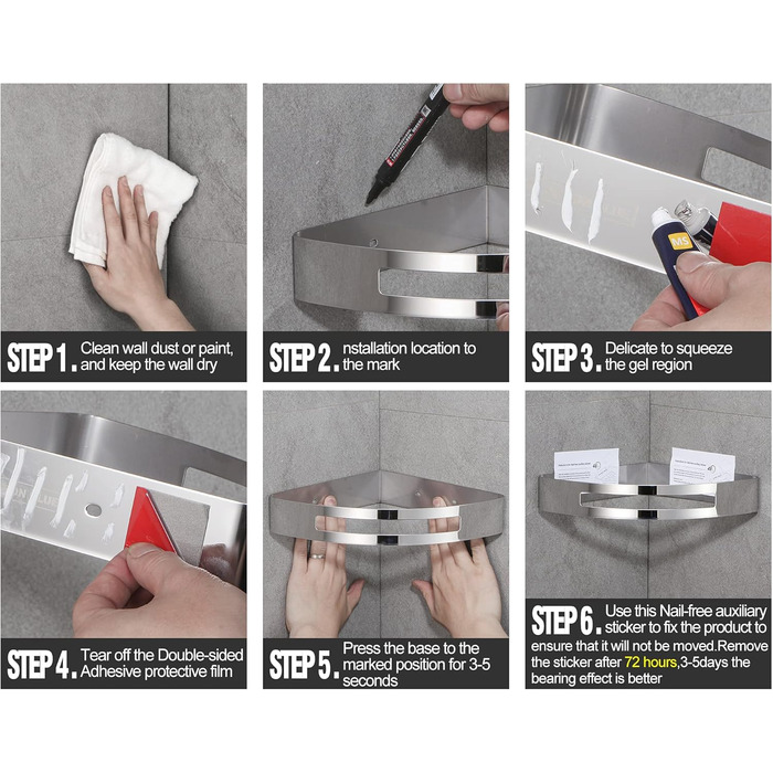 DUFU Shower Shelf Corner Shelf No Drilling for Bathroom Self-Adhesive Wall Mount SUS304 Stainless Steel and ABS Shower Shelf Corner Shower Basket Shower Shelves with 2 Hooks for Bathroom Organizer Corner Shelf 2 Pieces Silver