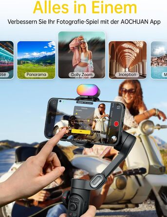 Гімбал AOCHUAN для смартфона з 3 осями стабілізації, RGB-підсвічуванням, трекінгом обличчя та регульованим кільцем фокусування. Підходить для iPhone/Android. Ідеальний для зйомки Vlog та створення контенту.