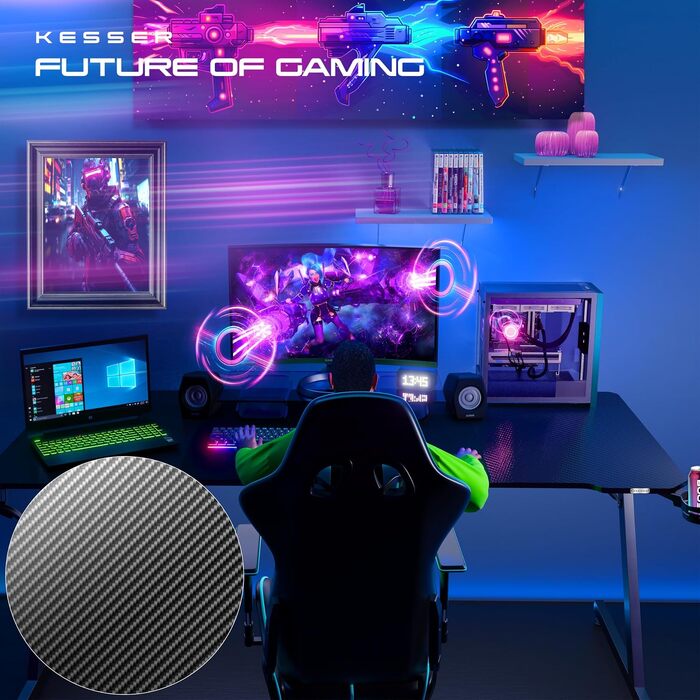 Ігровий стіл KESSER Gaming Z-подібний, 160x60 см, з карбоновим покриттям, підставкою для напоїв та гачком для навушників, чорний