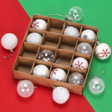 Набір прикрас на ялинку 16 шт. Кульки з пластику 6 см, розписані, для ялинки, набір, декорації (білий)