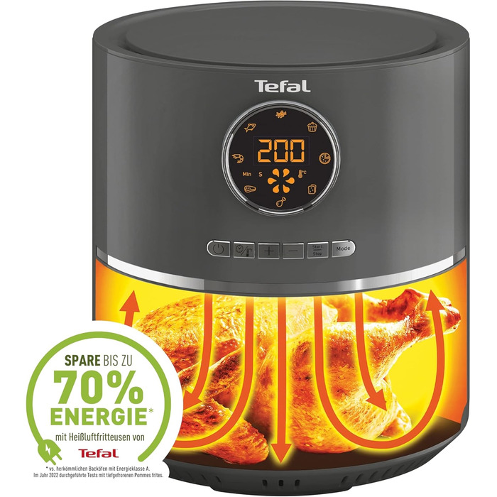 Tefal EY111B Ultra Fry Hot Air Fryer, Air Fryer, Frying, Roasting, Grilling, Baking, 1.2 kg for 6 people, 8 cooking programs, Digital display, energy-saving, healthy fryer without oil, Grey