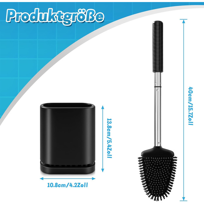 Набір для туалету: щітка для унітазу з тримачем, нержавіюча сталь та силікон, чорний