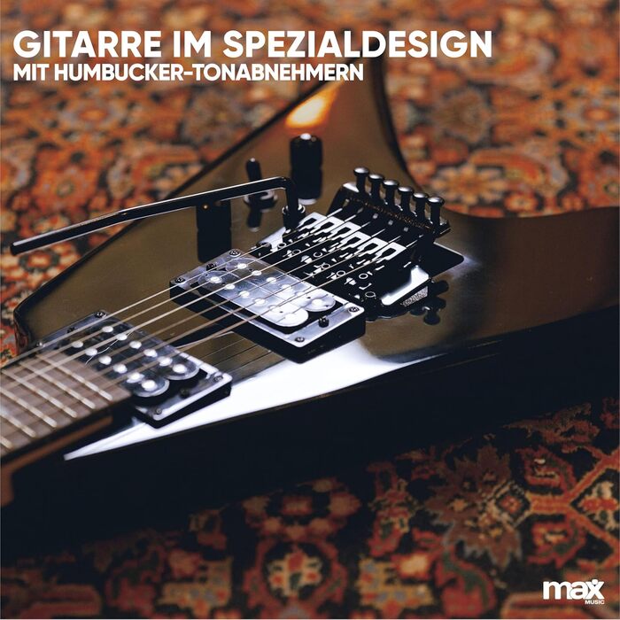 Електрогітара Max GigKit Rock Style: Комплект для гітари з підсилювачем, чохлом, медіатором, тюнером, кабелем, струнами та ременем, 24 лади - Чорний