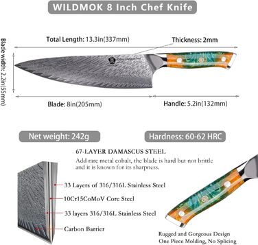 Японський ніж WILDMOK Santoku 20см з дамаської сталі, ручка з жовтої смоли (VG10 сталь)