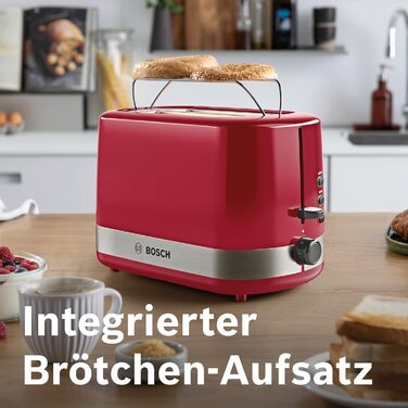 Bosch Compact Toaster ComfortLine TAT6A514, for 2 slices, integrated bagel attachment, with defrost/reheat function, 800W, red