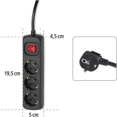 Многорозетка Hama з вимикачем для економії енергії, 3 розетки, чорний колір, кабель 1.4м, кут нахилу 45°, GS сертифікат, для дому та офісу