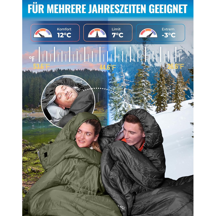 Сплячий мішок KingCamp Oasis для кемпінгу, 3-4 сезони, водовідштовхувальний, легкий, для дітей та дорослих, з можливістю з'єднання, для подорожей та активного відпочинку, оливковий, Zip 220×75 см