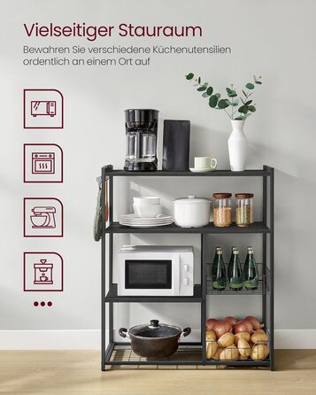 Стелаж кухонний VASAGLE з 2 металевими кошиками, з гачками та полицями, для мікрохвильової печі, 35 x 80 x 93,5 см, золотий дуб + білий (KKS096W09)