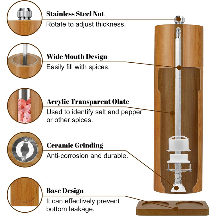 BOCHION Salt and Pepper Grinder Set, Wooden Grinder Set Large with Coaster, Salt and Pepper Grinder with Adjustable Ceramic Grinder, Grinding from Coarse to Fine, for Pepper, Salt, Spices, 2-Piece Set 18 cm