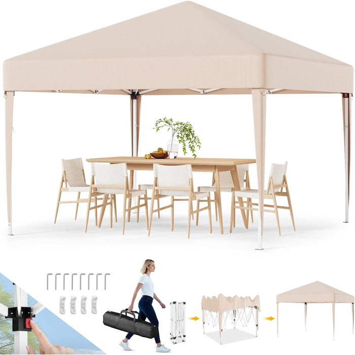 Devoko Gazebo, 3x3 Waterproof, Stable, Winter-Proof Gazebo with 3-Level Height Adjustment, Foldable Gazebo with UV Protection 50+, Foldable Gazebo with Carry Bag, For Garden, Outdoor, Camping, Beige